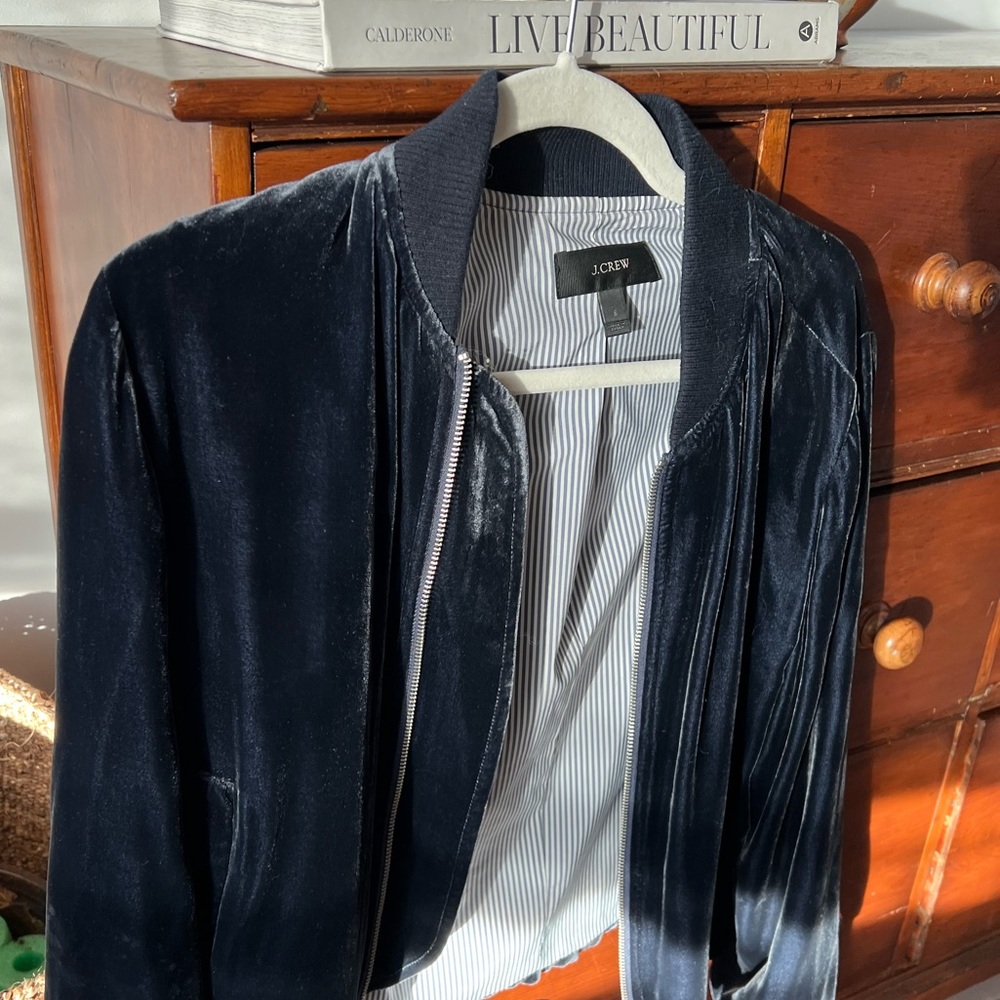 J Crew blue velvet bomber